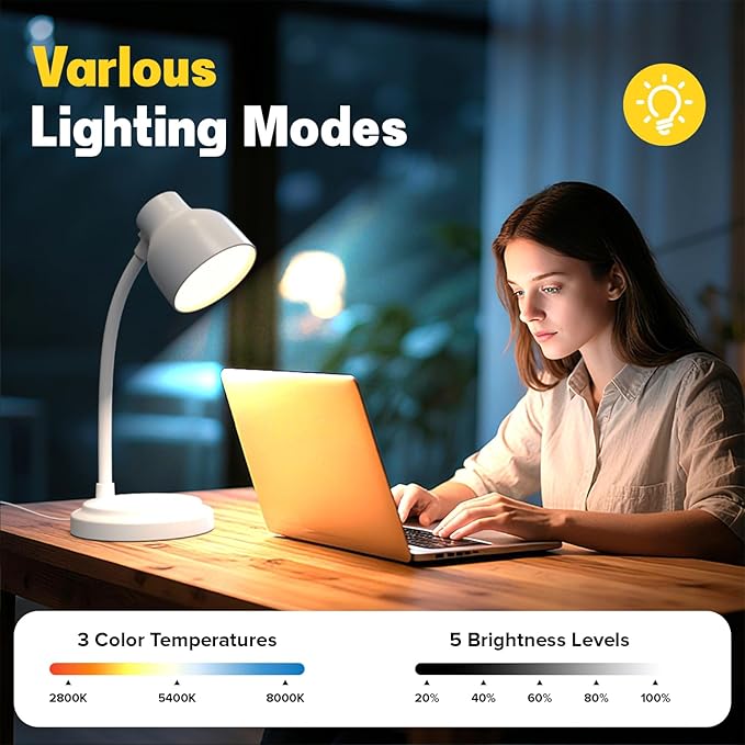 LED Desk Lamp for Office Home,Table lamp,Desk Lamp for College Dorm Room,4 Brightness Dimmable Table Lamp,Reading Light with a Timer Function(White)