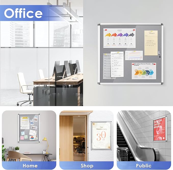 SWANCROWN Enclosed Bulletin Board 24x18 in, Tamperproof Lockable Grey Felt Board Wall Display Case for Office School Home, Aluminum Frame