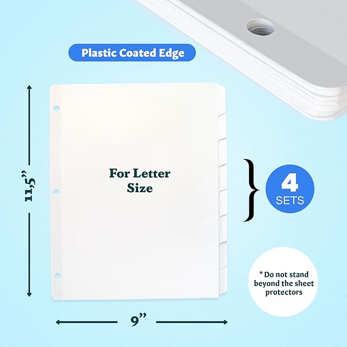 Binder Dividers with Tabs - (Set of 4) x 8-Tab Dividers for 3 Ring Binders, White, Reinforced Edge - Ideal for Keeping Your Documents Neat and Professional