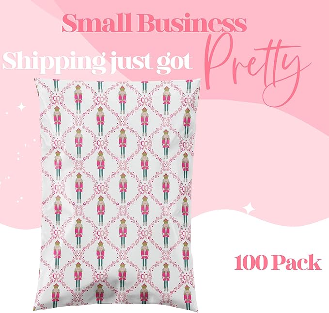 10x13 Designer Poly Mailer 100 Pack Heavy Duty Waterproof Self Seal Shipping Bags for Small Business Large Mailing Envelopes Bulk Tear Resistant Packaging Pink Nutcracker Christmas Holiday