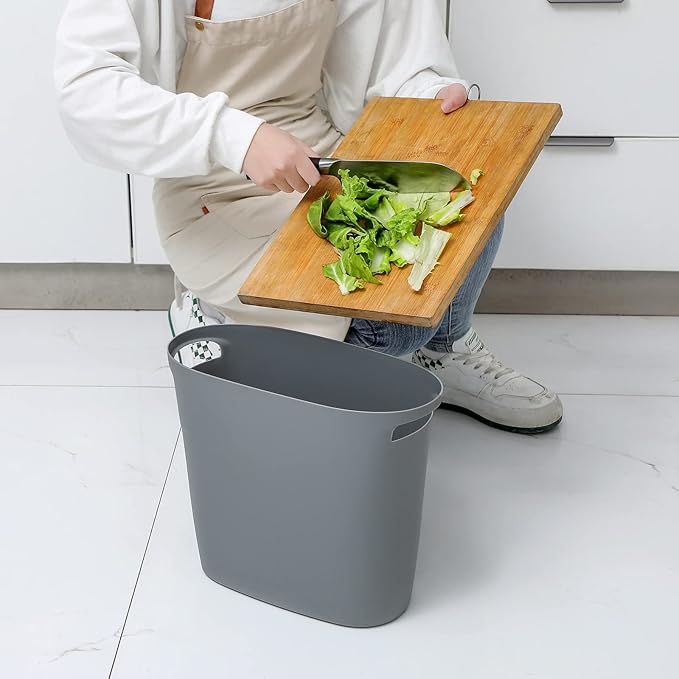 Plastic Small Trash Can Slim Waste Basket with Handles 3.2 Gallon Narrow Garbage Container Bin for Bathroom, Bedroom, Kitchen, Home Office Under Desk, Dorm, Laundry Room, Kids Room, Grey 2 Pack