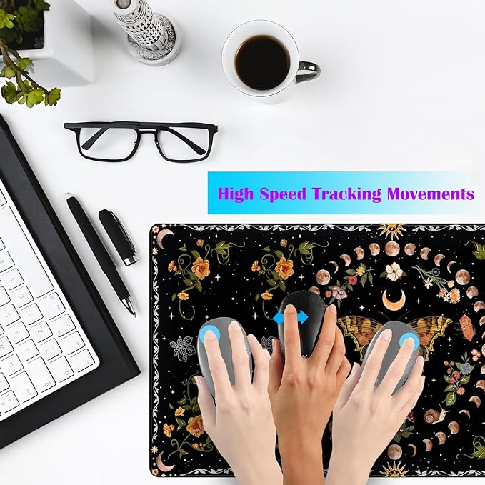 Moth Desk Pad Mushroom Phase Moon Phase Desk Mat, Boho Flowers and Leaves Computer Big Mouse Pad Washable Cloth Non-Slip Rubber Base Keyboard Pad Mouse Mat for Office with Stitched Eges 31.5x15.7 in