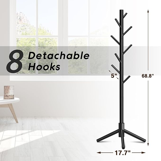 Wooden Coat Rack, Free Standing Coat Rack with 8 Hooks 3 Adjustable Heights for Clothes, Hats, Handbags, Coat Tree Easy Assembly for Entryway, Bedroom, Hallway, Office(2PCS)