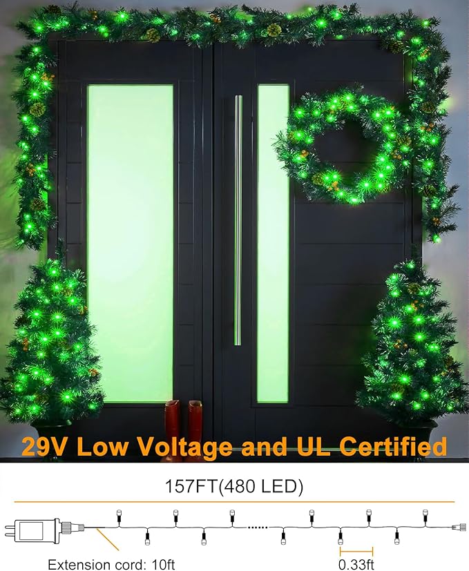157FT 480 LED Christmas Lights Outdoor, Plug in Christmas Tree Lights Waterproof, 8 Modes Green Wire Fairy String Light for Indoor House Garden Xmas Party Decorations, Green