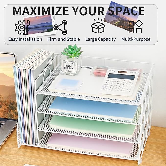 OPNCIE 4-Tier Paper Organizer with Magazine Holder, Desk Organizers and Accessories, Office Desk Accessories & Workspace Organizers, Desktop File Organizer for Office Supplies Storage, White