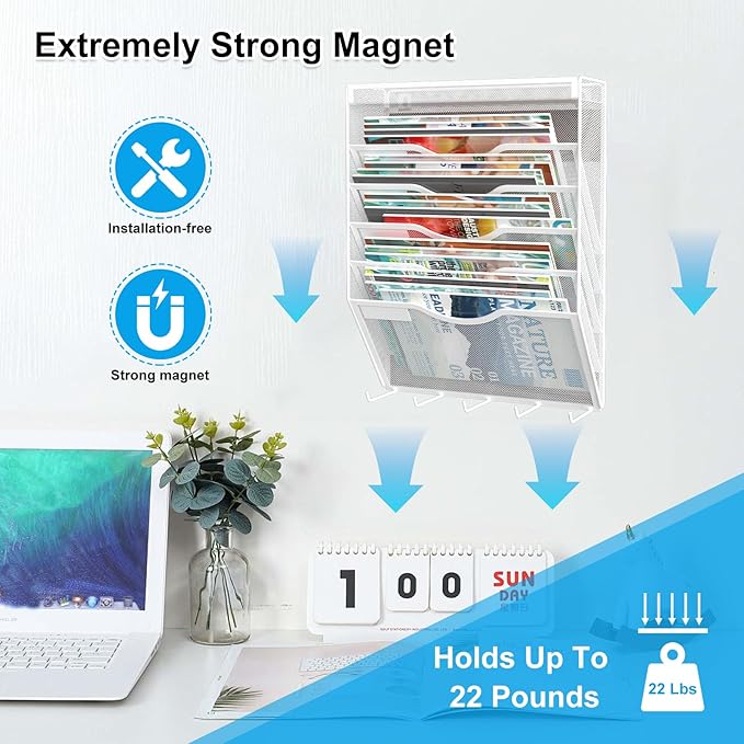 6 Tier Magnetic File Holder with Hook, Magnetic File Organizer Folder Holder, Wall File Organizer, Hanging Magnetic Paper Holder for File Cabinets, Office, Whiteboard, Magnetic Mail Holder