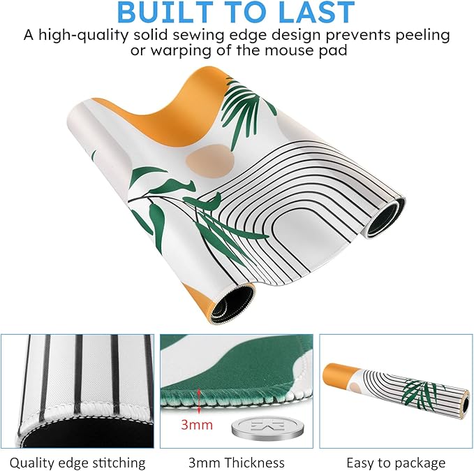 iCasso Extended Gaming Mouse Pad (35.4x15.7 in), Large 3mm Non-Slip Rubber Base Mousepad with Stitched Edges, Waterproof Keyboard Mouse Mat Desk Pad for Work, Game, Office, Home-Elm Leaf