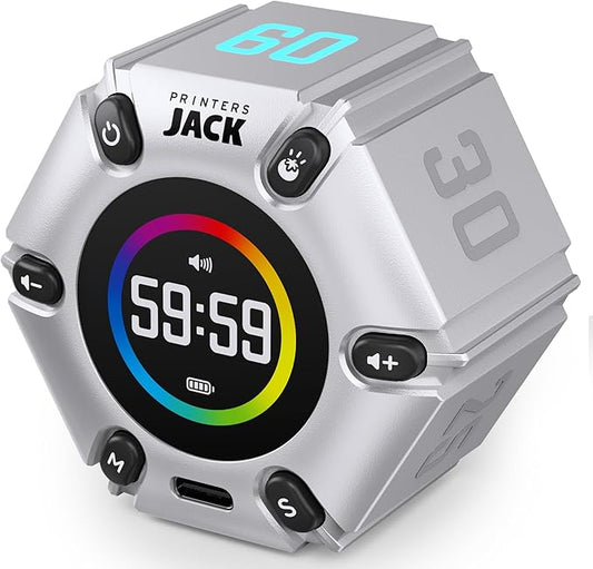 Jack Pomodoro Timer - Productivity Cube & Visual Focus Timer, Mute & Vibration & Adjustable Sound Alert, for Office, ADHD, Study & Work, 3/5/10/25/30/60min & Custom Countdown - Silver