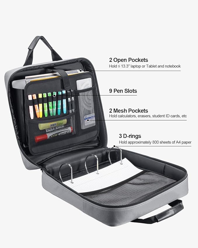 4 Inch 3 Ring Zipper Binder with Shoulder Strap & Handle & Multi-Pocket - 4" Binder with Zipper for School, Compatible with 13-Inch MacBook/Tablet -Patent Design Grey