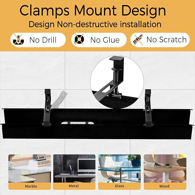 Under Desk Cable Management Tray 39.7" - No Drill Computer Wire Organizer Cable Tray, Cord Hider Clamp Mount with 16X Cable Ties PC Cables Management Cord Holder for Office/Home (Upgrade Fabric,Black)