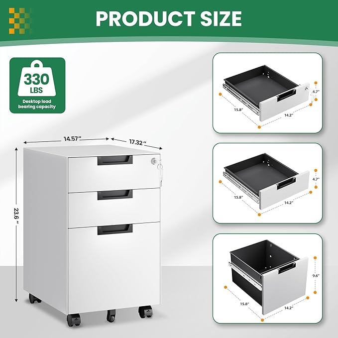 Mobile File Cabinet,3 Drawer Locking Storage Filing Cabinet,Office Metal Storage Cabinet on Wheels for Legal/Letter/A4 File(Fully Assembled，White)