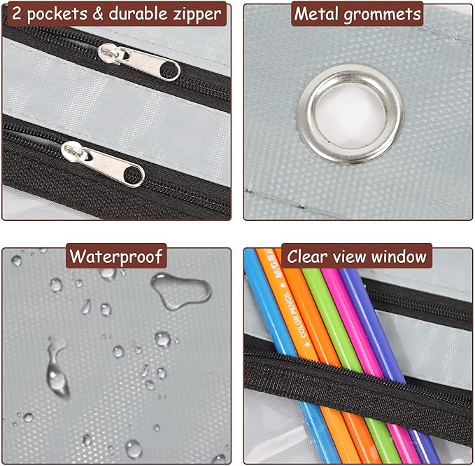 YoeeJob 1 Pack Pencil Pouch for 3 Ring Binder, Expandable Binder Pouches with Zipper, Large Capacity Pen Holder Case with Clear Window School Class Office Organizers, Grey