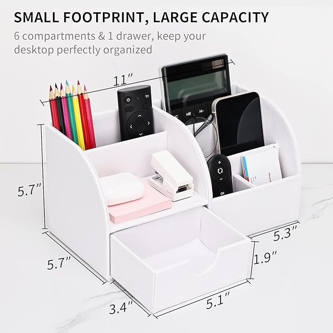 KINGFOM Pu Leather Desk Organizer Pen Pencil Holder Office Supplies Caddy Storage Box 6 Compartments with Drawer White (Full Pu Leather)