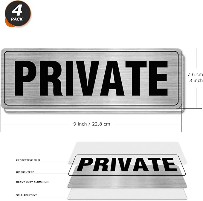 Private Sign Aluminum Silver 9 x 3 Inches Self-Adhesive Waterproof Metal Door Wall Sign for Business Offices 4 Pack