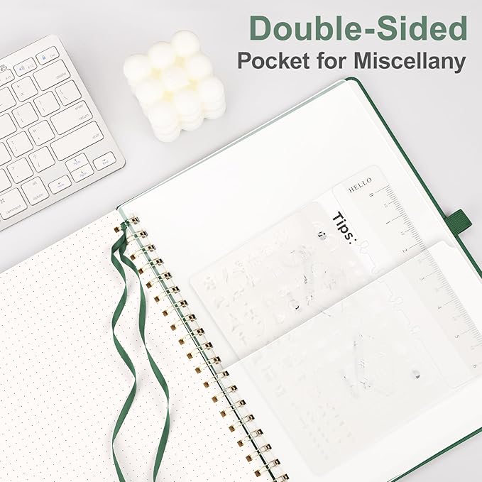 AHGXG Bullet Dotted Journal Spiral Notebook 8.5" x 11", Large A4 Leather Hardcover Dotted Notebook, 100 GSM Thick Dot Grid Paper, Inner Pocket, for Bullet Journaling, Green