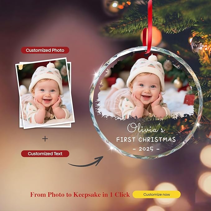 Personalized Babys First Christmas Ornament 2025 Boy Girl, My First Christmas Ornament with Photo Text - Custom 1st Christmas Ornaments 2025 for Baby, Newborn Xmas Gifts for New Mom Dad(3.15")