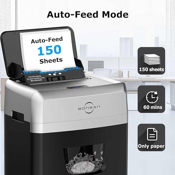 BONSEN 150-Sheet Autofeed Paper Shredder for Office, 60 Mins Heavy Duty Micro-Cut Shredders for Home Office Use, P-4 High Security Commercial Document Shredder with 6 Gal Large Capacity Bin (S3114)