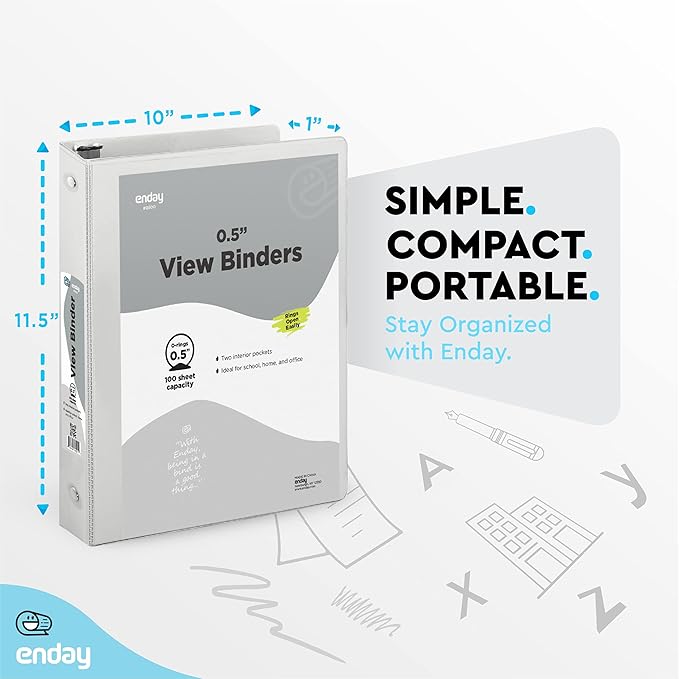 ½ Inch 3 Ring Binder .5 inch Grey Clear View Cover with 2 Inside Pockets, Colored School Supplies Office and Home Binders – by Enday