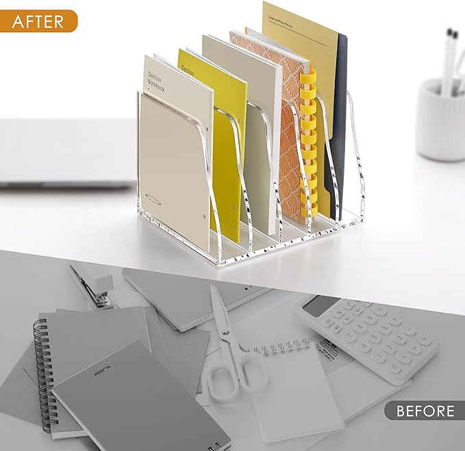 SANRUI Acrylic Magazine File Holder Desk Sorter Organizer, 5 Vertical Compartments Clear Folder Rack Binder Bookstore Workspace Sorters,for Office Accessories Organization Storage