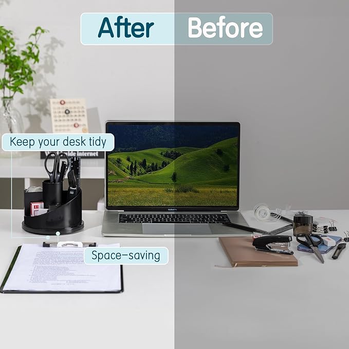 deli Office Supplies Set, 1045 Pcs-Desk Accessory Organizer Kit, Stapler Set, Rotating Multi-Functional Pen Holder, Tape Dispenser, Pens, Binder Clips, Sharpener, Scissor, Eraser, Black