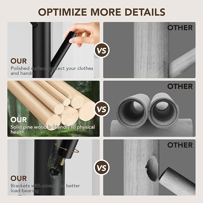 Wooden Tree Coat Rack Stand,Sturdy Freestanding Coat Rack with 8 Hooks,3 Adjustable Height for Child Adult,Wood Coat Stand Tree Fits Entryway Bedroom Office for Bags,Hats