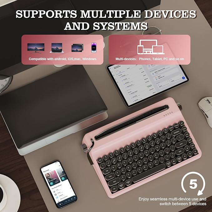 YUNZII QL75 Wireless Typewriter Hot Swap Retro Mechanical Keyboard,Punk Round Keycaps,RGB Backlit QMK/VIA Programmable,Multi-Device Keyboard with 2.4GHz/Type-C/BT5.0 (Pink, Cocoa Cream V2 Switch)