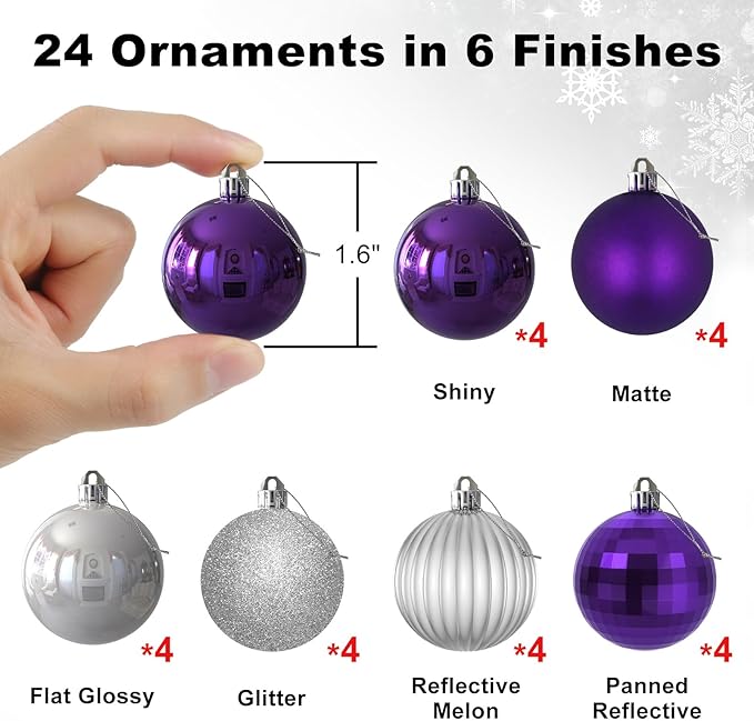 Purple & Silver 1.6" Small Christmas Balls Christmas Tree Decoration Ornaments Shatterproof Hanging Balls for Birthday Halloween Holiday Wedding Decorations Set of 24pcs