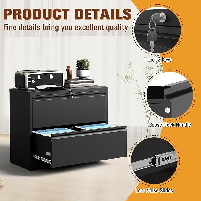 2-Drawer Lateral File Cabinet with Lock, Black Metal Filing Cabinet for Office or Home – Secure Storage for Letter/Legal/A4/F4 Documents, Easy to Assemble Locking File Organizer (Black, 2 Drawer-26"W)