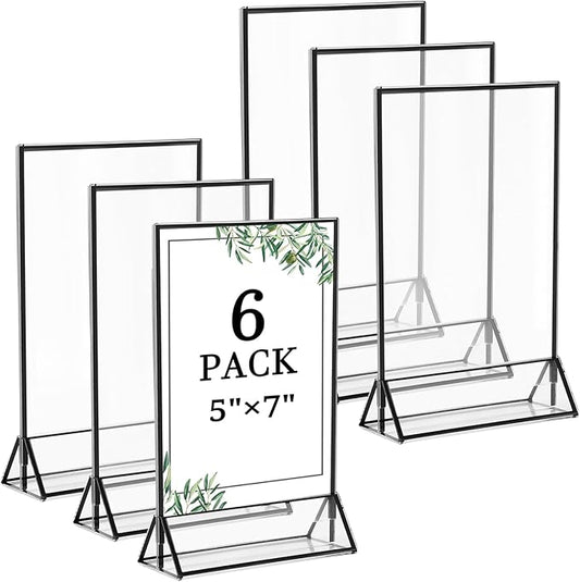 Floroom 6 Pack 5x7 Inch Clear Acrylic Sign Holders, Double-Sided Black Display Stand Picture Frames for Table Numbers, Menus, Flyers, Weddings, and Offices