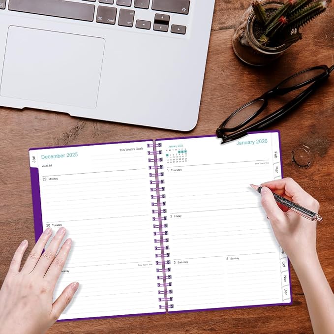 2026 Planner - Planner 2026 from January 2026 - December 2026, Weekly & Monthly Planner Spiral Bound with 12 Monthly Tabs, Inner Pocket, 6.4" x 8.5", Purple-B