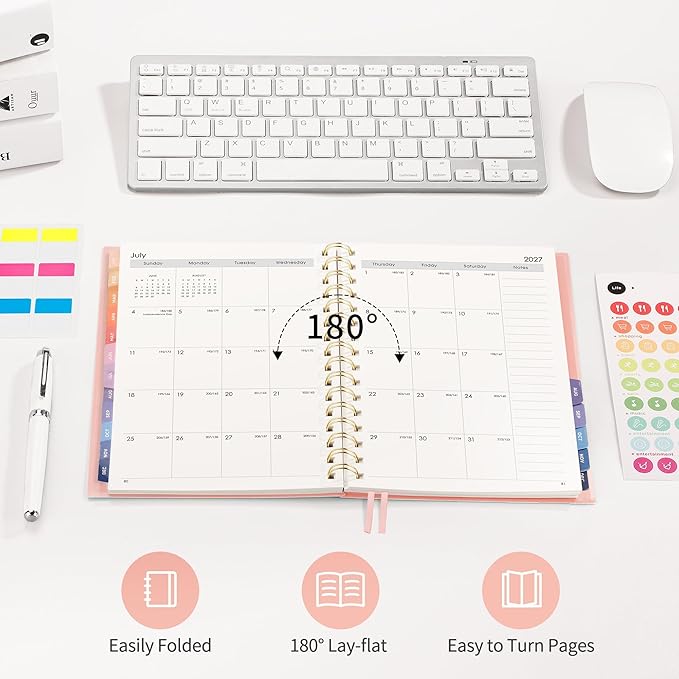 RETTACY 2026-2027 Monthly Planner, Jan 2026 - Dec 2027, Medium Size (5.7" x 8.3"), Agenda, Calendar, 24 Month Tabs, Flexible Plastic Cover, 100 GSM Thick Paper, Spiral-bound (Pink)