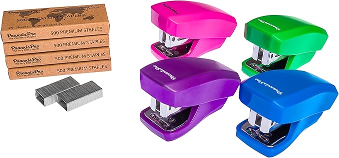 Aria Premium Back to School Mini Stapler Set of 4 - with Built-in Staple Removers, 2000 Standard Staples Included - for Office, School,Travel, Blue, Pink, Purple, Green,