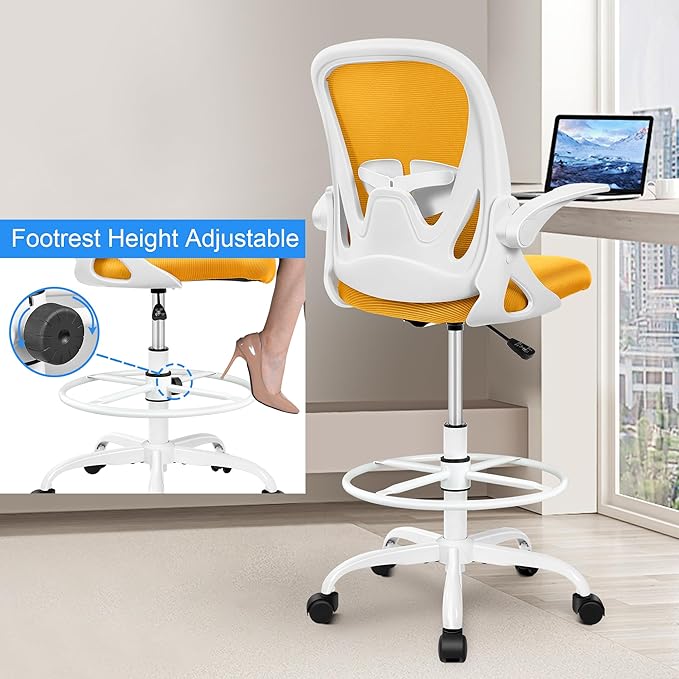 Primy Drafting Chair Tall Office Chair with Flip-up Armrests Executive Ergonomic Computer Standing Desk Chair with Lumbar Support and Adjustable Footrest Ring (Mustard)