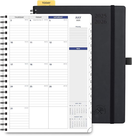 POPRUN 2025-2026 Monthly Planner Spiral Bound, 8.5'' x 11.25'' Academic Calendar (July 2025-July 2026) Appointment Book with Stair Tabs, Leather Cover, 4 Pages per Month with Notes - Black