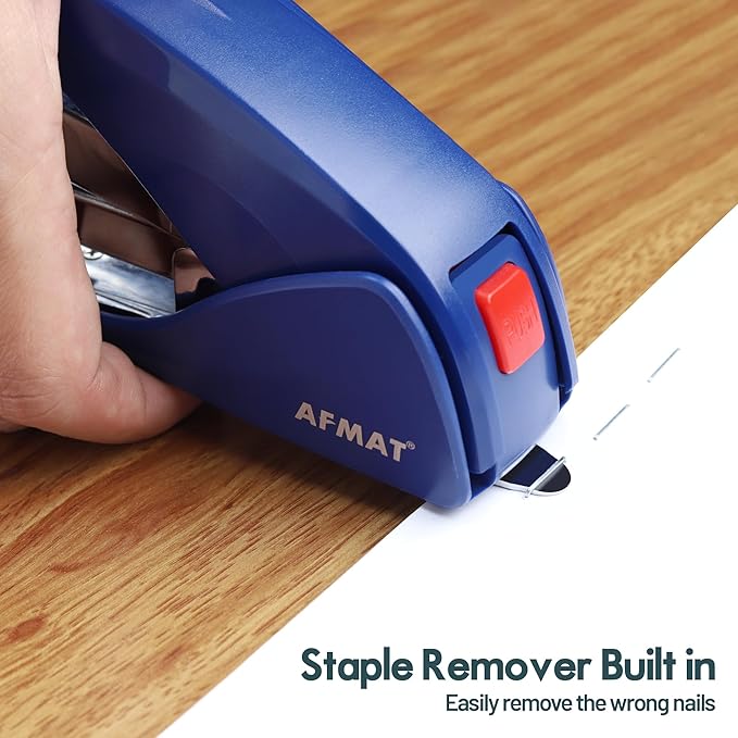 AFMAT ES10 Effortless Stapler for Desk, 50 Sheet Capacity, Low Force, Built-in Staple Remover, One Finger Touch Stapling Desktop Stapler, Portable & Space Save Size, Good for Home & Office, Blue