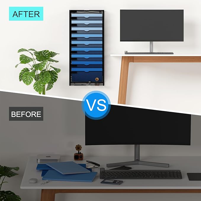 Hanging Wall File Organizer 10 Tier Wall Mounted File Holder Document Wall Organizer Magazine Organization for Office Home, Black