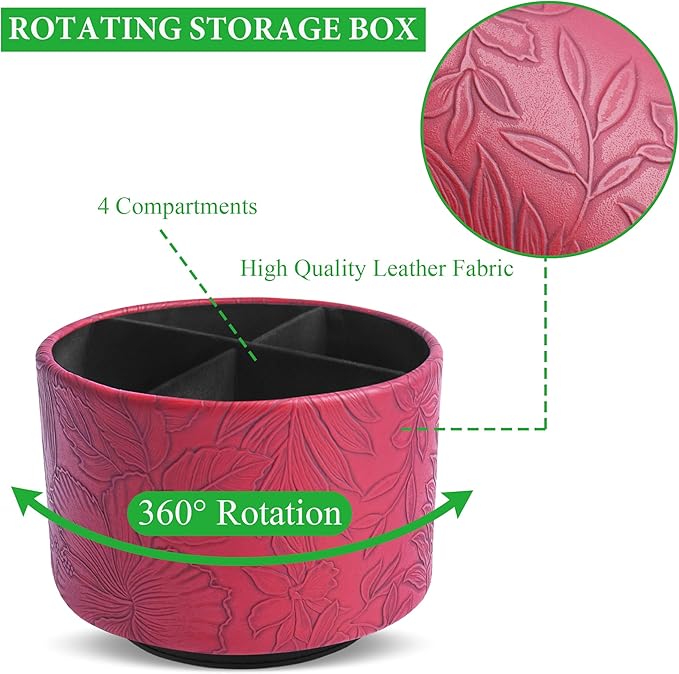 Hennaja Round Leather Art Supply Organizer,Remote Control Holder,360 Degree Spinning,Multi-Functional Pencil Holder,4 Compartments Desktop Stationary Organizer(1-Carved Red)