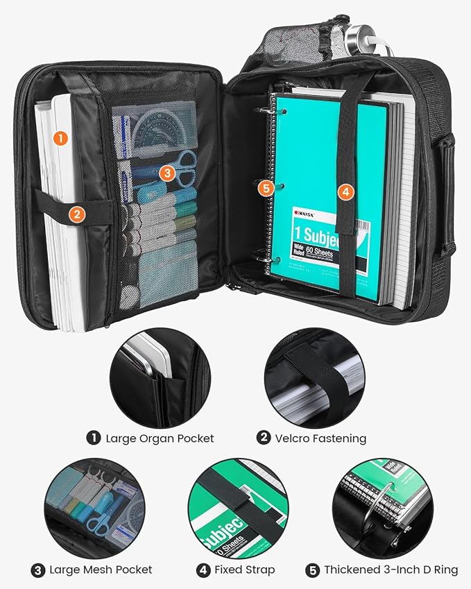 Zipper Binder, 3 Inch D-Ring 3 Ring with Water Bottle Holder,700 Sheet Capacity-Multiple Pockets,Binder with Strap for School/Office, Fit for 13" Tablet/Laptop,Patent Design-Black