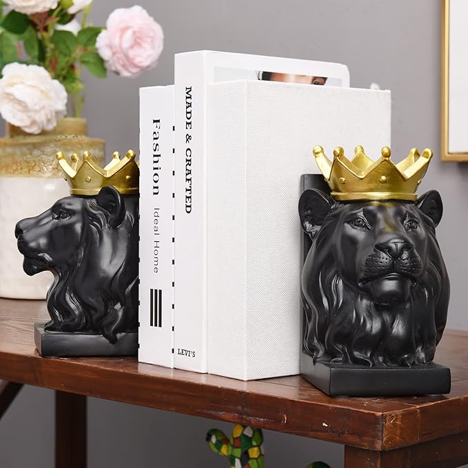 Book Ends Decorative, Lion Bookends for Shelves, Animal Book Stopper Decorative, Modern Book Ends for Heavy Books, Lion Figurines Statues Indoor, Unique Book Lover Gift(Black Lion)