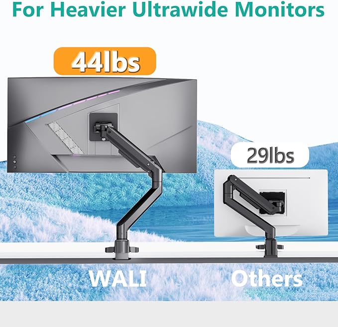 WALI Ultrawide Monitor Arm for 17 to 49 Inch Heavy Duty Curved Screens, Holds 44 Lbs, Adjustable Gas Spring Single Monitor Desk Mount for Samsung Odyssey G9, 75x75/100x100 VESA (GSM001XL-P), Black