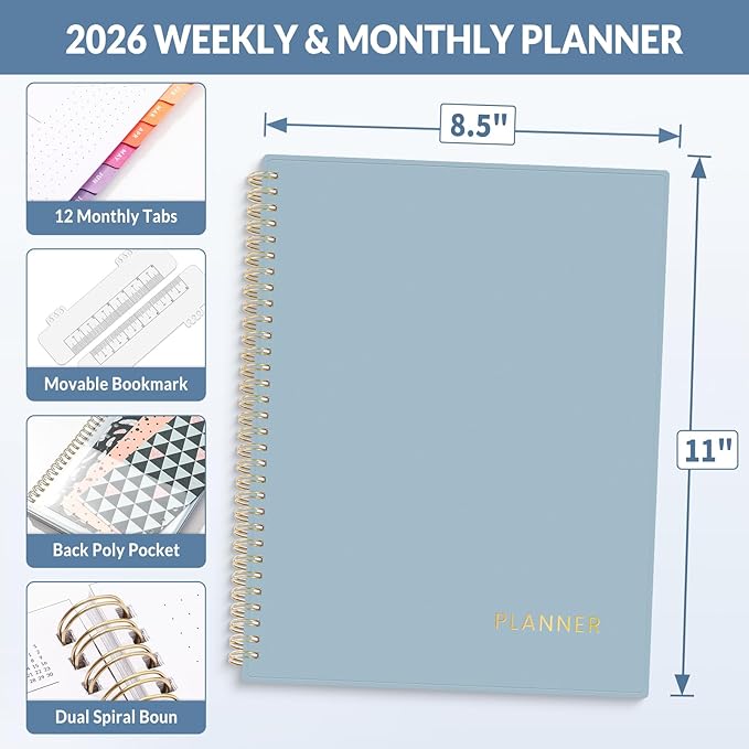 SUNEE 2026 Weekly and Monthly Planner - January 2026-December 2026, 8.5"x11" Half Weekly Half Note, Daily Agenda Planner with PVC Waterproof Cover, Monthly Tab, Note, Pockets, Bookmark, Blue