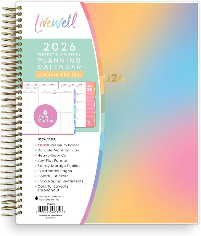 Blue Sky Livewell 2026 Weekly and Monthly Planner Calendar, January 2026 - December 2026, 7" x 9", Flexible Laminated Cover, Heavy Duty Coil Binding, Colorful Premium Paper, Includes Storage Pocket, Stickers, Beck