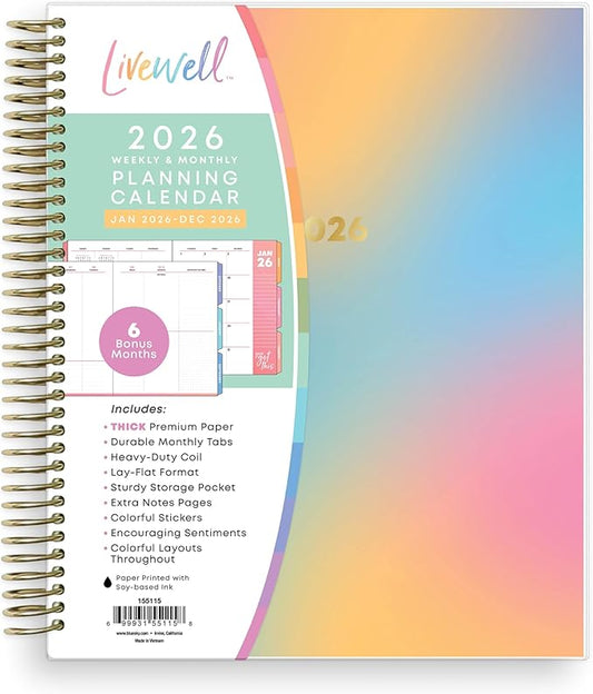 Blue Sky Livewell 2026 Weekly and Monthly Planner Calendar, January 2026 - December 2026, 7" x 9", Flexible Laminated Cover, Heavy Duty Coil Binding, Colorful Premium Paper, Includes Storage Pocket, Stickers, Beck