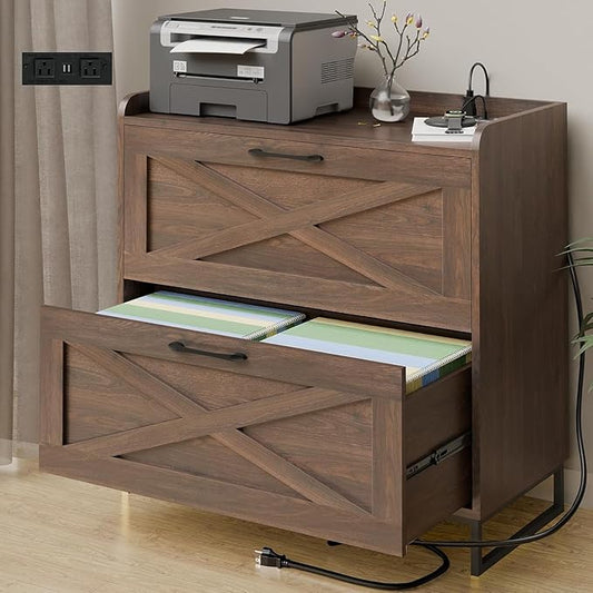Lateral File Cabinet 2 Drawer File Cabinet with Charging Station, Modern Farmhouse Large Wood File Storage Cabinet for Home Office Furniture(Dark Walnut)