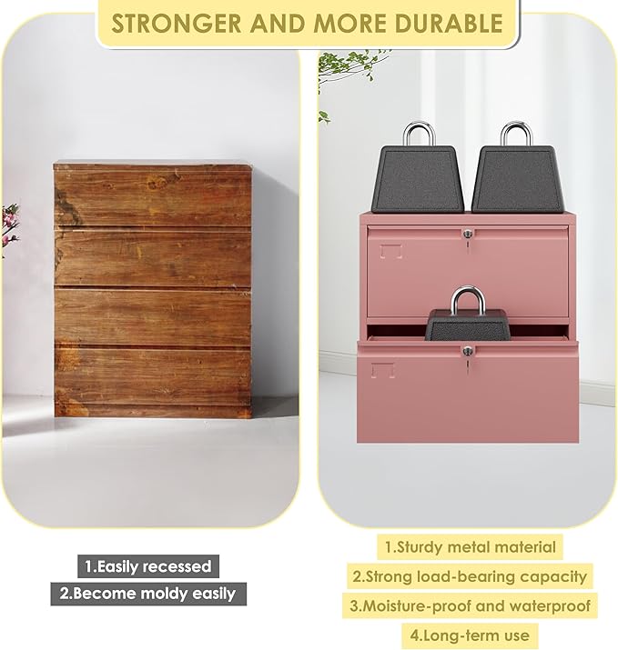 METAN Upgrade Metal 2 Drawer Lateral Files Cabinet for Home Office, Lockable Steel Wide File Storage Cabinet for Hanging Legal/Letter A4 Size, Assembly Required,Pink