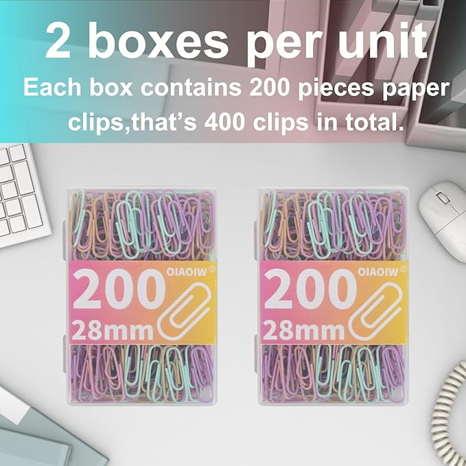Macaron Colored Paper Clips 400 PCS Small Size Paper Clip 1.1 Inch (28mm) 2 Boxes of 200 PCS Each PaperClips Suitable for Office School Paperwork and Daily Use