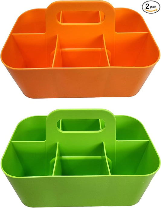 2 Pack Small 6 Compartment Multiuse Caddy Organizer with Handle Art Craft Supplies, Office, Desk, Stationery Pen Holder Stackable- Made In USA (Orange/Green)