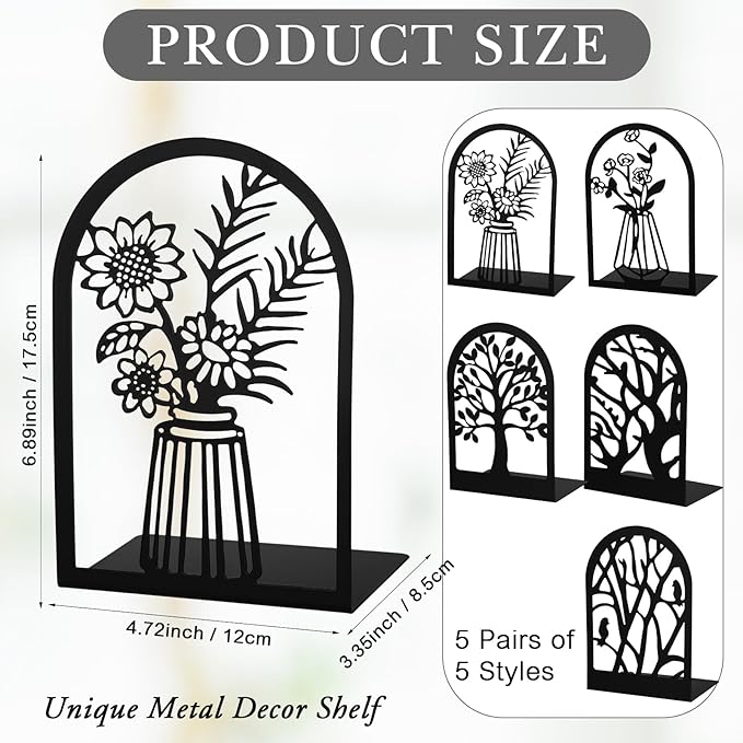 Faccito 5 Pairs Book Ends, Black Metal Bookends for Shelves Decorative, Non Skid Tree Stopper and Flower Shelf Holder for Heavy Books, Home Office School Supplies(Modern)