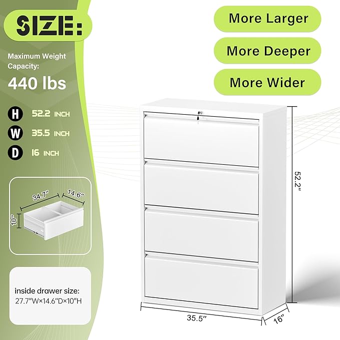 Incbruce 36" W 4 Drawer Lateral File Cabinet, Metal 4 Drawer Lateral Filing Cabinet with Lock, Steel Wide Filing Organization Storage Cabinet for Home, Office, Fit A4/F4/Letter/Legal File (White)