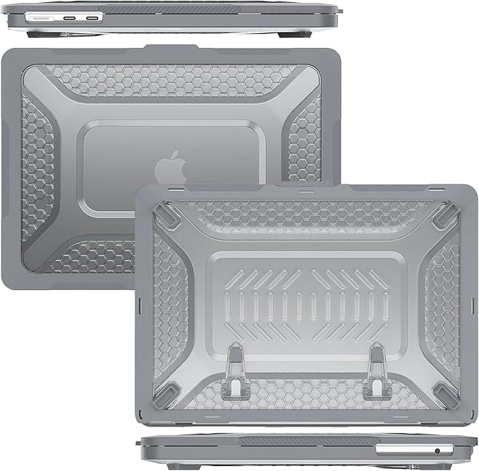 KEROM Heavy Duty Case for MacBook Air 13 inch 2025-2022 M4 M3 M2 A3240 A3113 A2681, MacBook Air M4 13 inch Case, Protective Rugged TPU Bumper Hard Shell with Foldable Kickstand & Keyboard Cover, Grey
